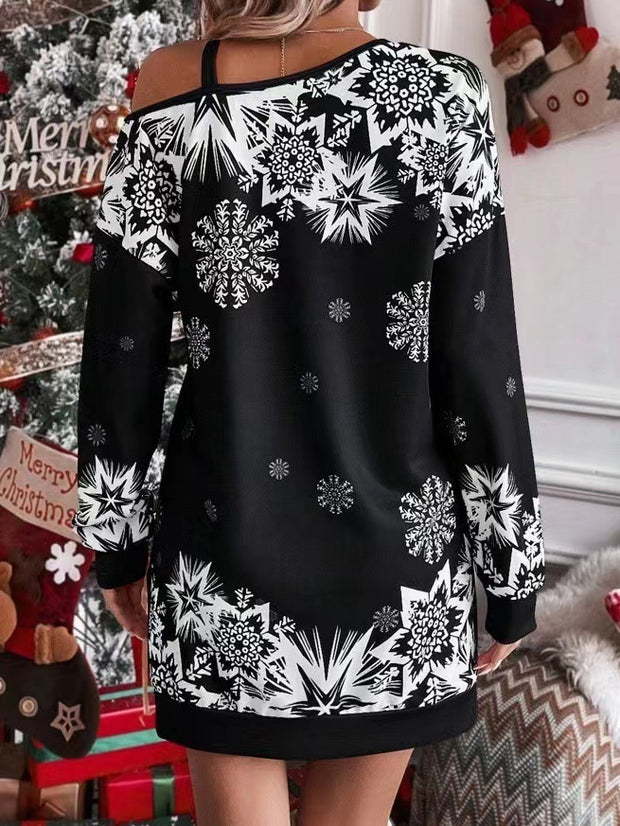 Christmas Snowflake Print Long Sleeve Sloping Shoulder Dress Women