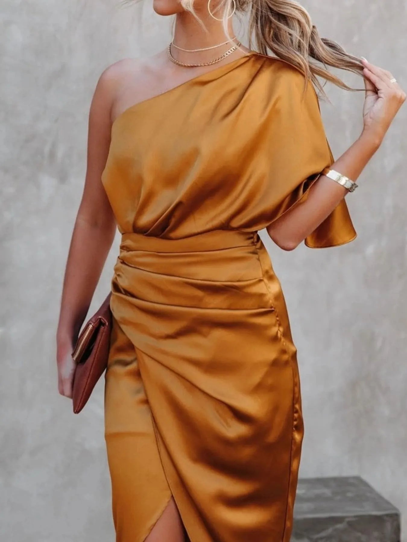 One Shoulder Satin Wrap Dress with Side Slit