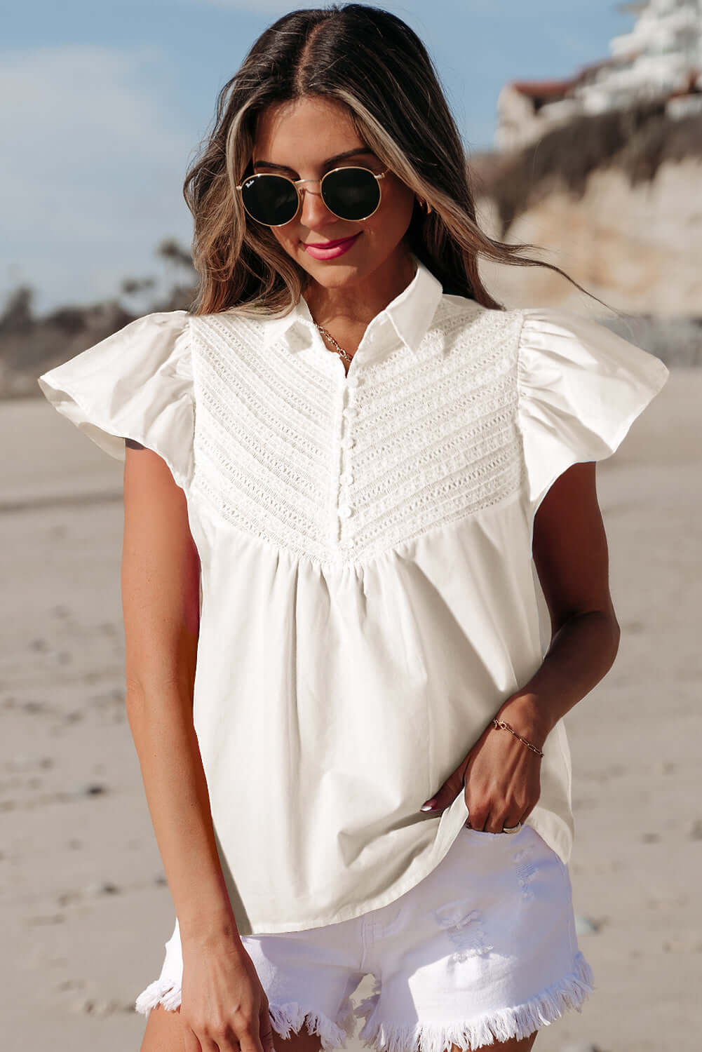 Lace Patch Blouse with Flutter Sleeves