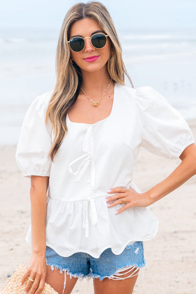 Anaiah Bow Knot Puff Sleeve Peplum Top-0