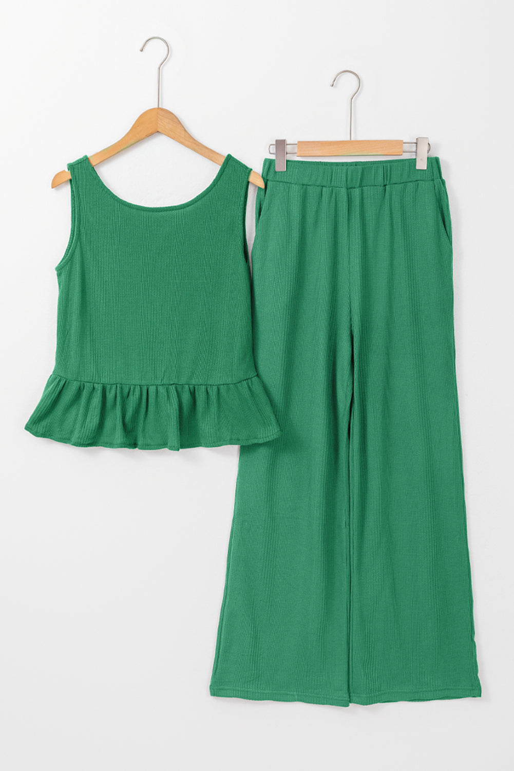Solid Ribbed Loungewear Set with Ruffled Tank Top