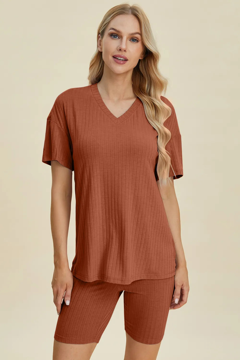 Ribbed V-Neck Short Sleeve Top and Shorts Set for Women