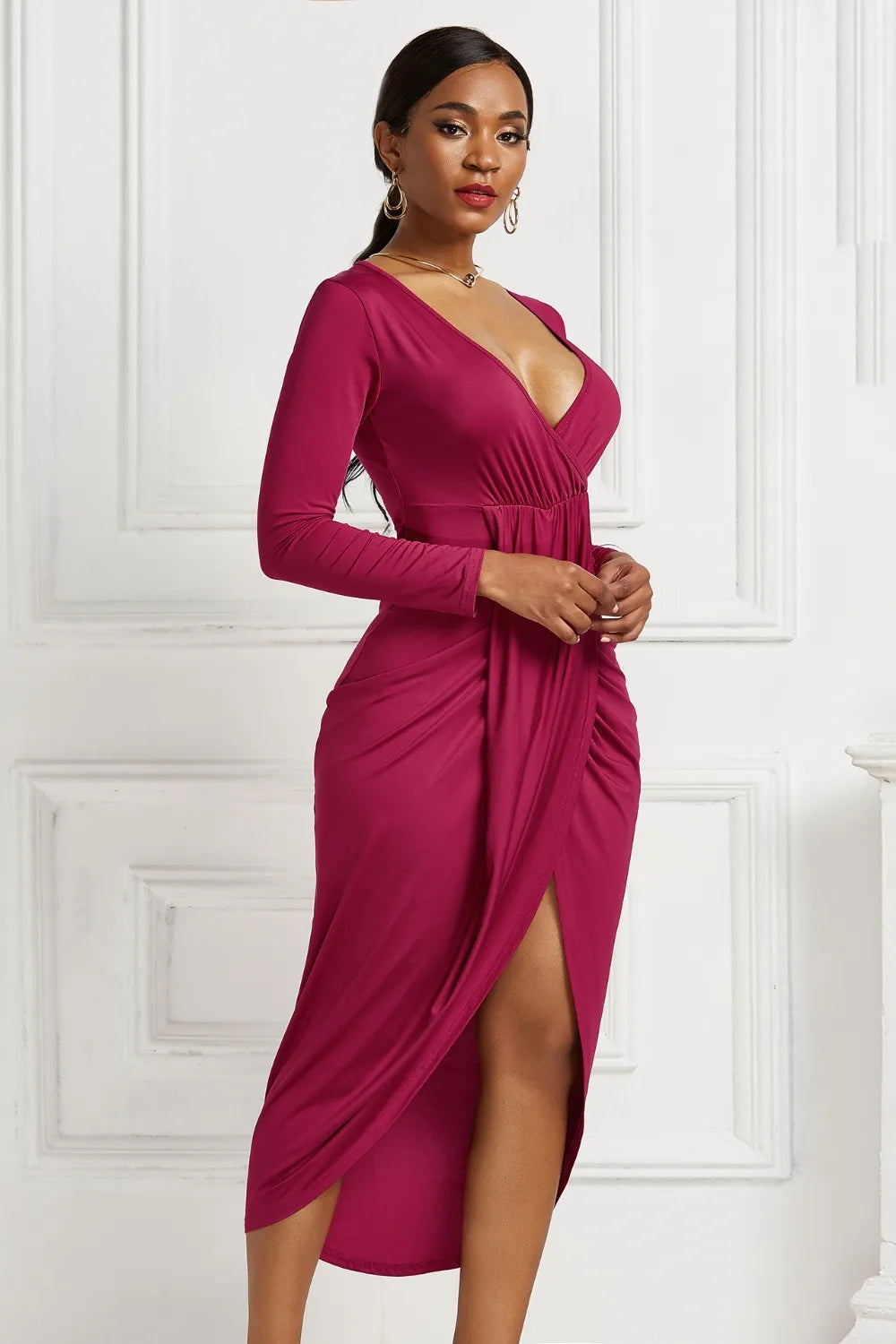 High-Low Ruched Surplice Long Sleeve Dress side view