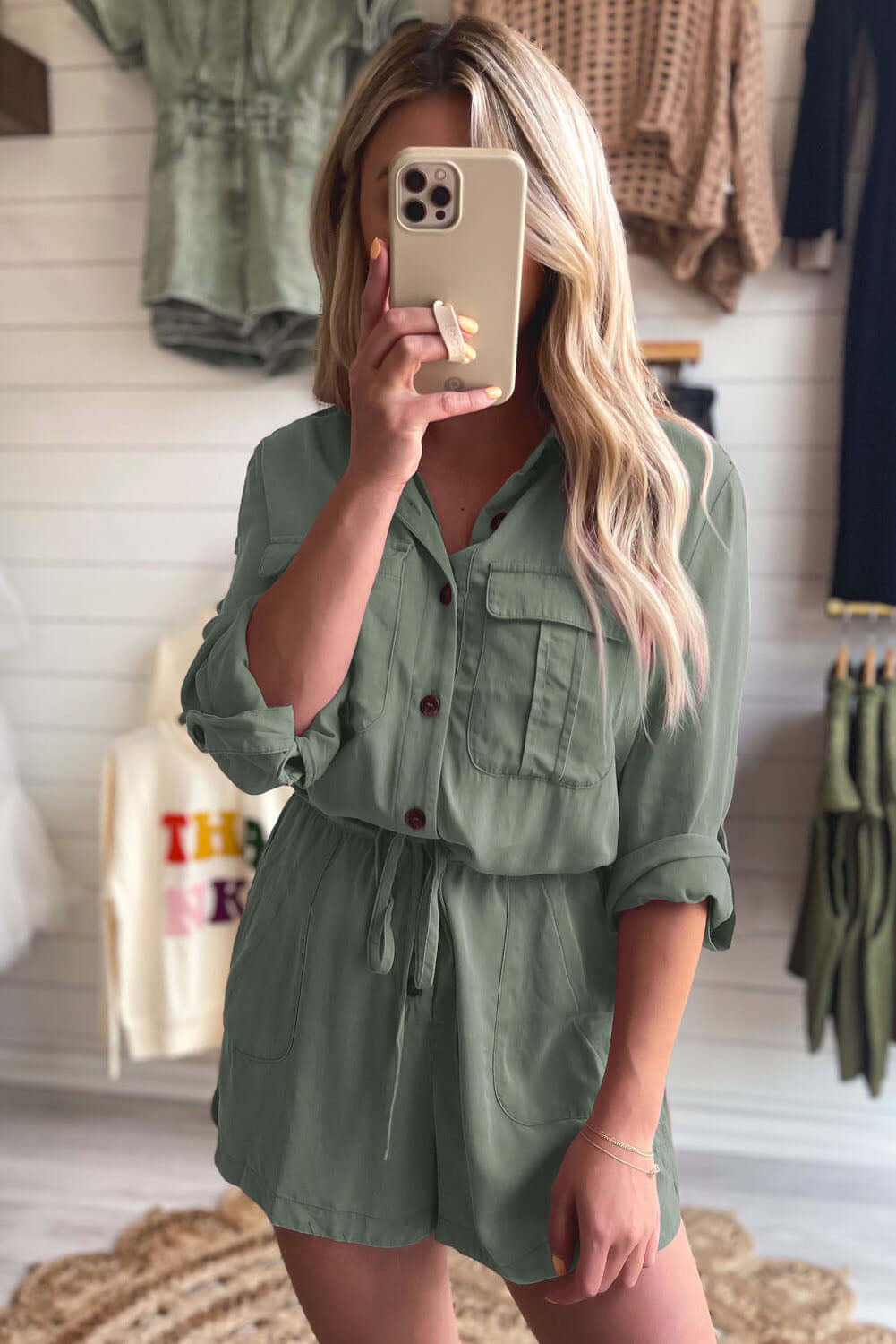Women Playsuit - Button Front Drawstring Romper