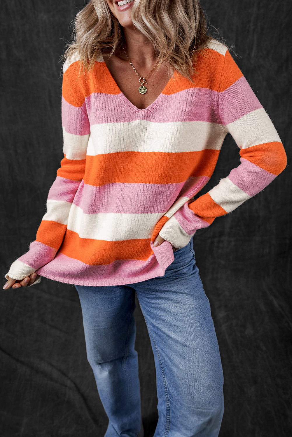 Striped Colorblock V-Neck Sweater for Women – Casual Cozy Knitwear