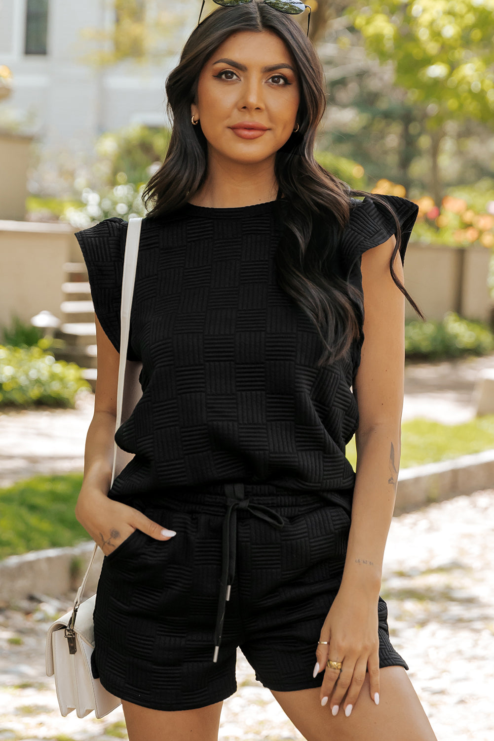  Textured Shorts Set with Ruffled Sleeve Top