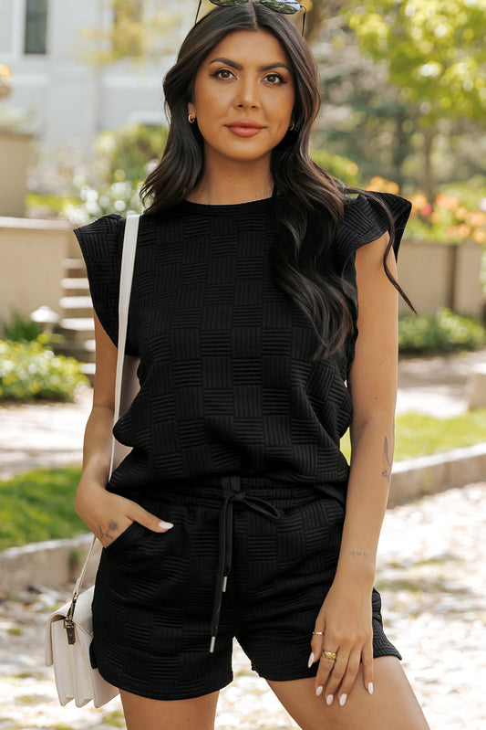  Textured Shorts Set with Ruffled Sleeve Top