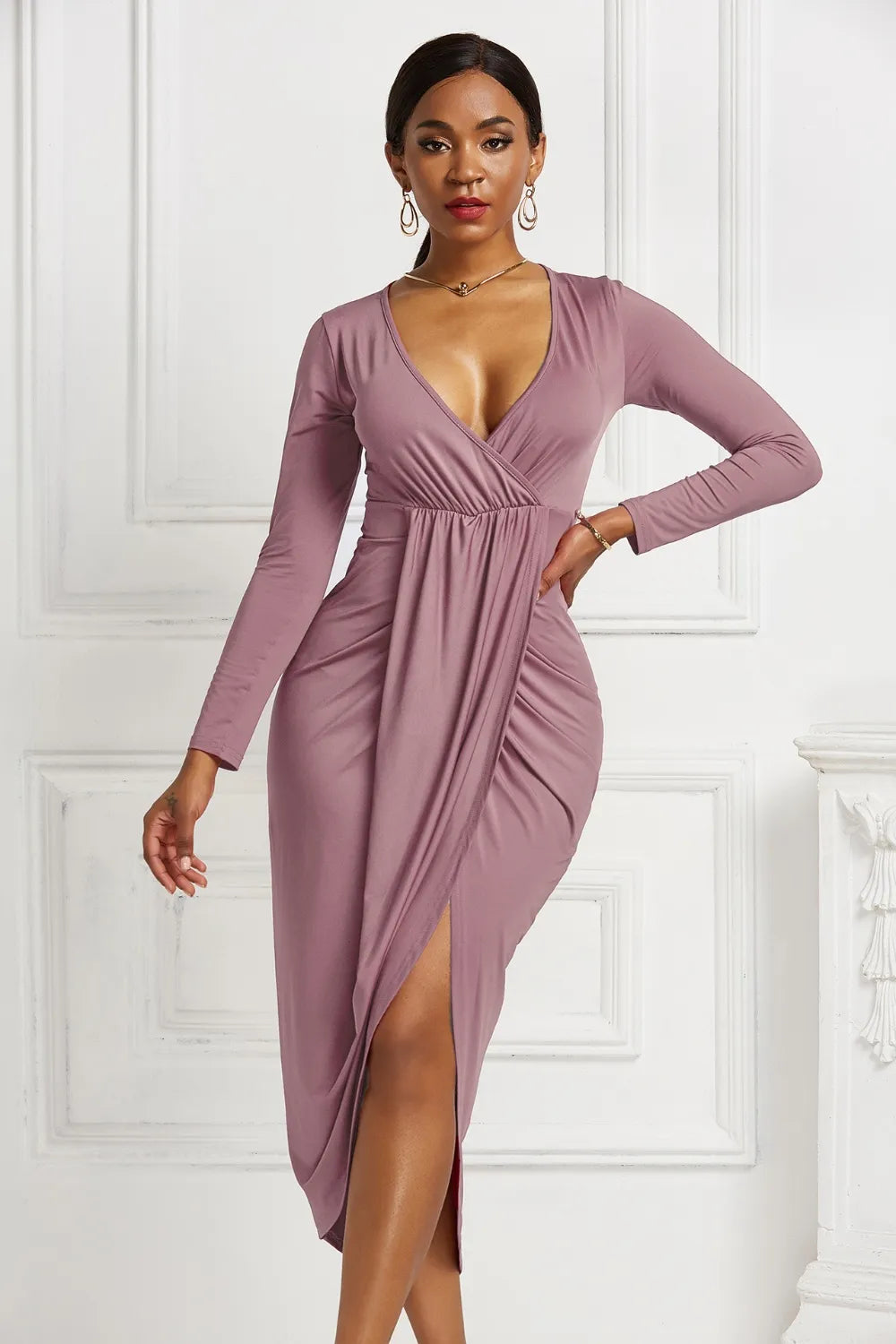 High-Low Ruched Surplice Long Sleeve Dress side view