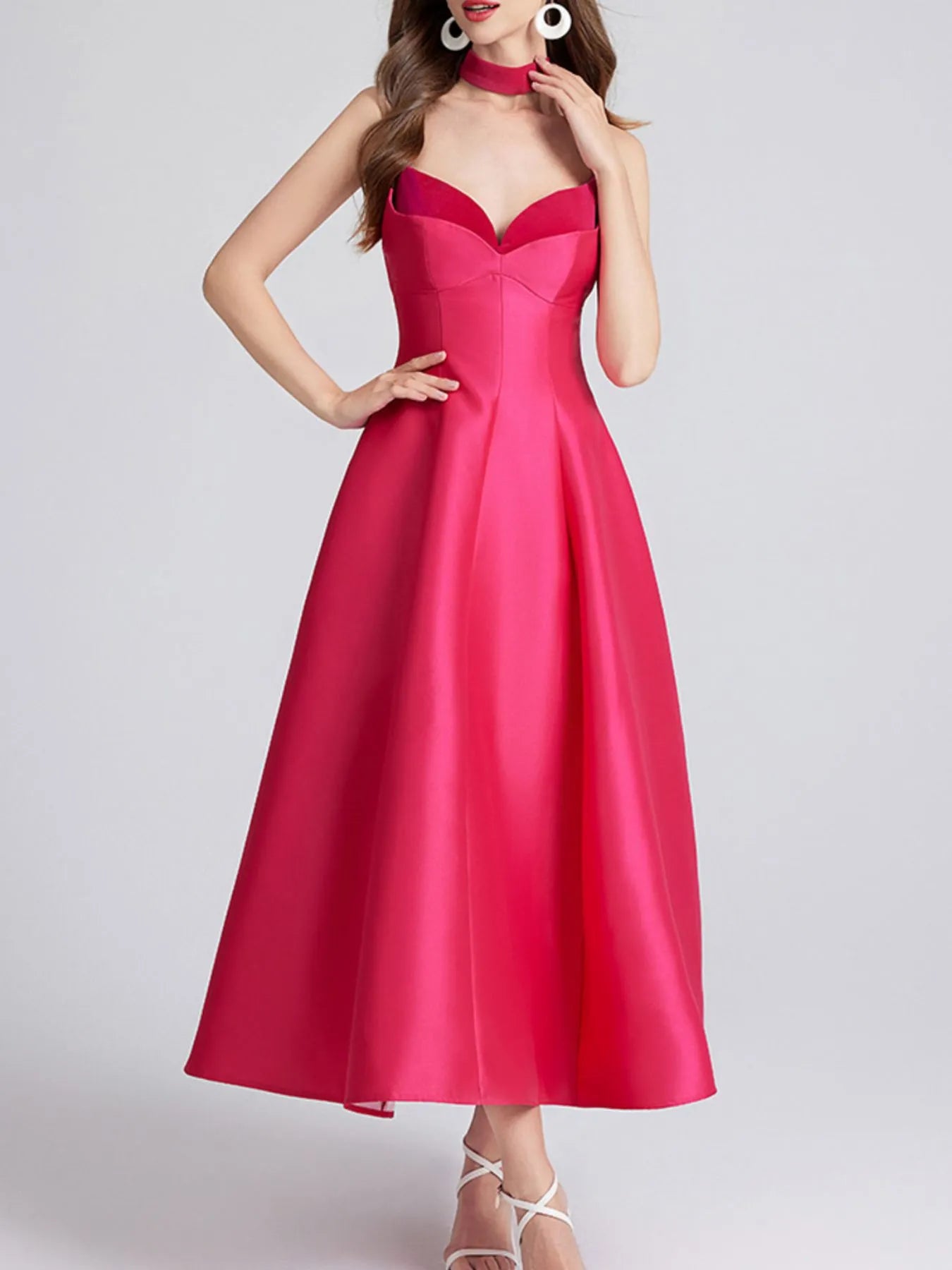 Sweetheart Spaghetti Strap Midi Dress with Collar neckline detail