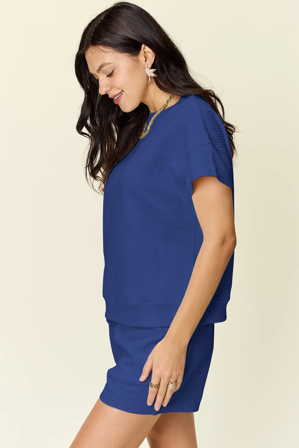 Full Size Texture T-Shirt and Shorts Set with Drawstring