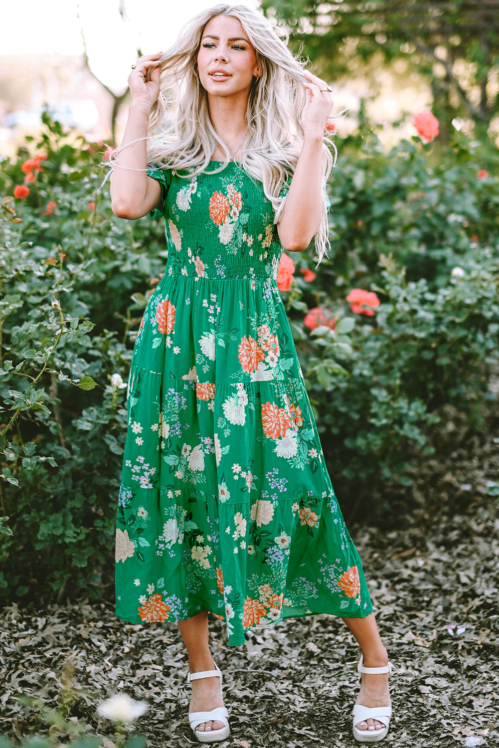 Smocked Bubble Sleeve Dress with Flattering High Waist Design