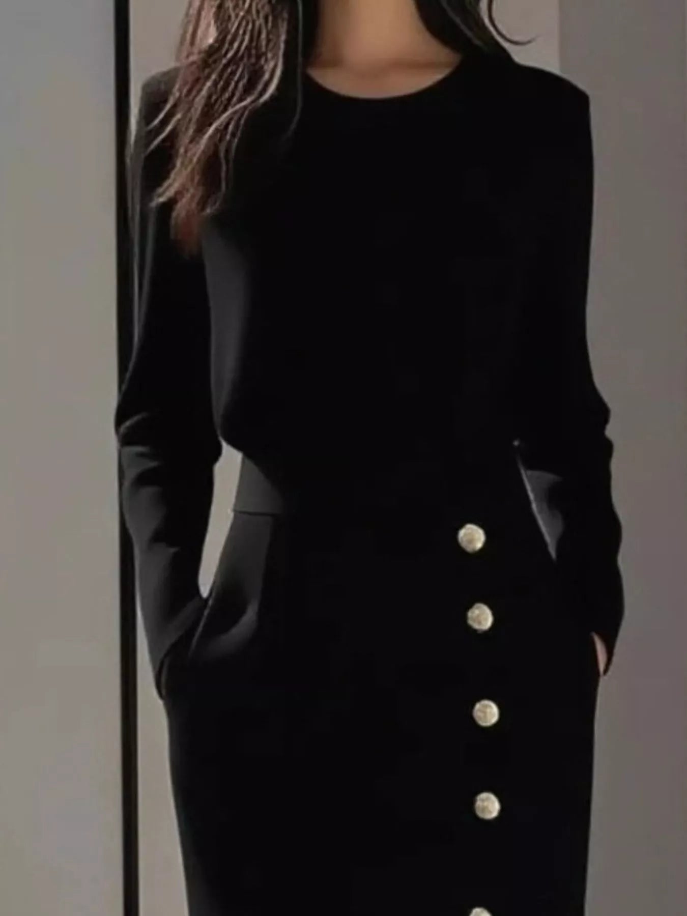 Long Sleeve Button Detail Midi Dress with Side Slit outfit inspiration
