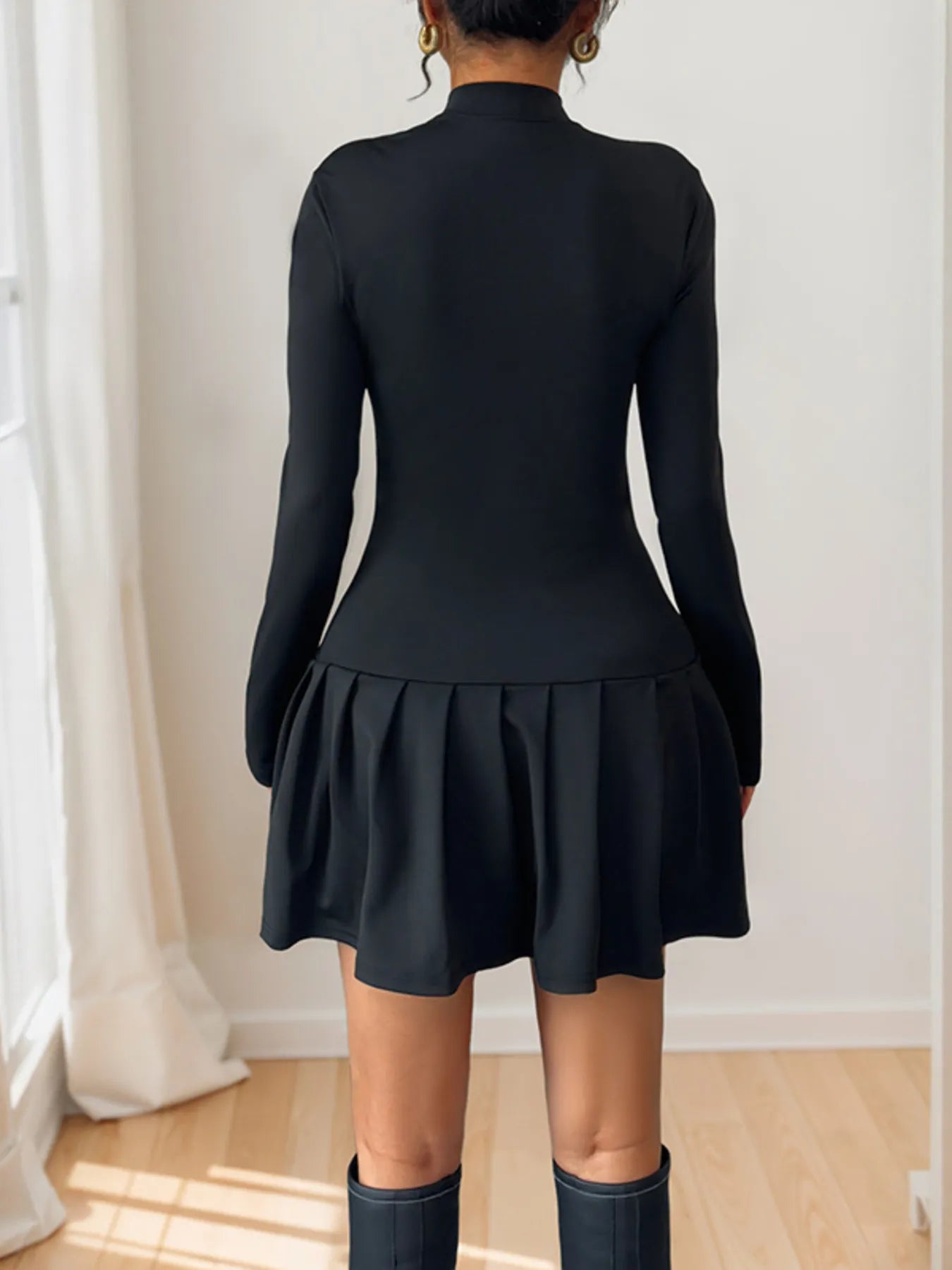  Decorative Button Mock Neck Long Sleeve Mini Dress Chic Style