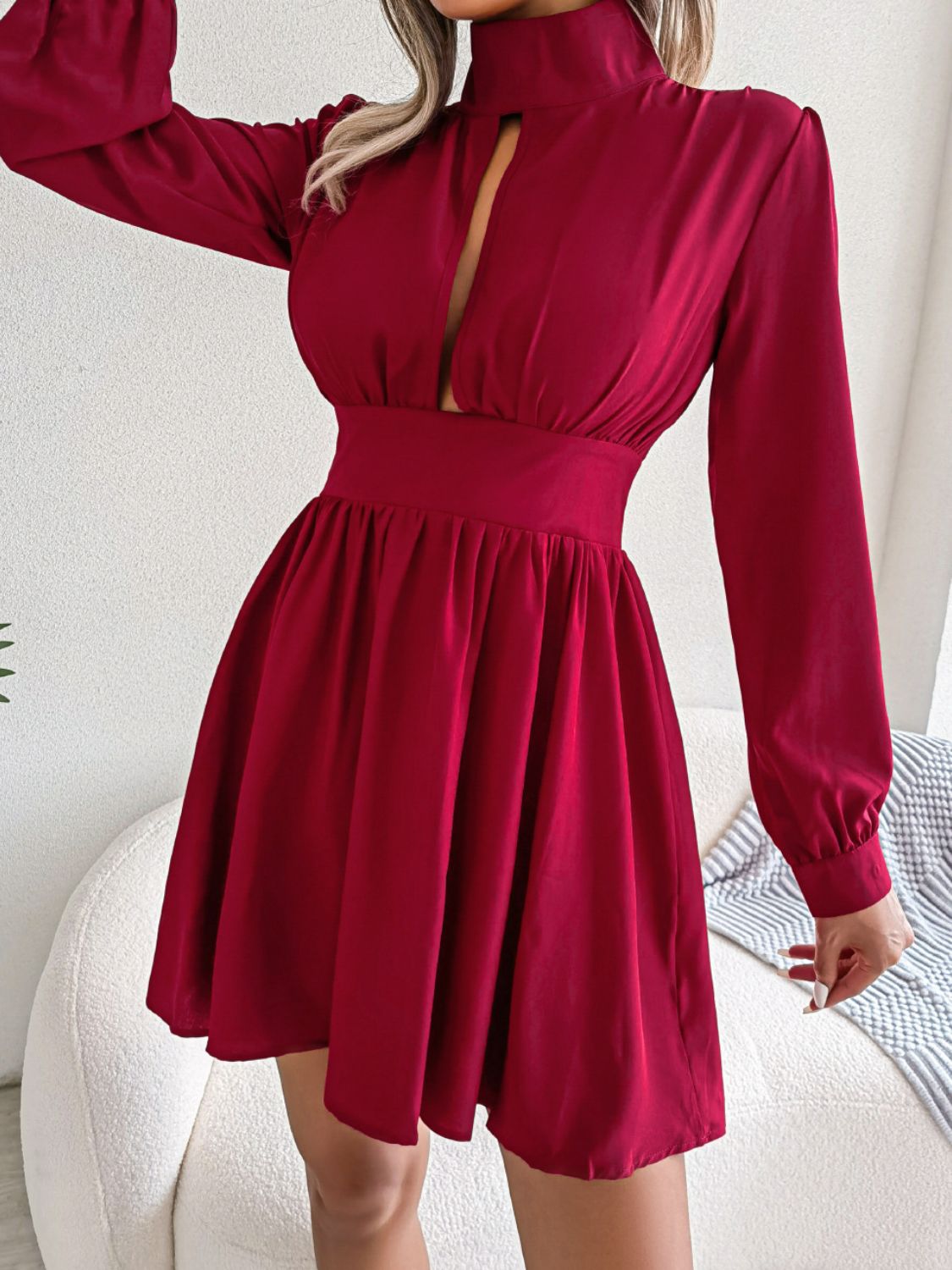  Keyhole A Line Mini Dress Casual Long Sleeve Style