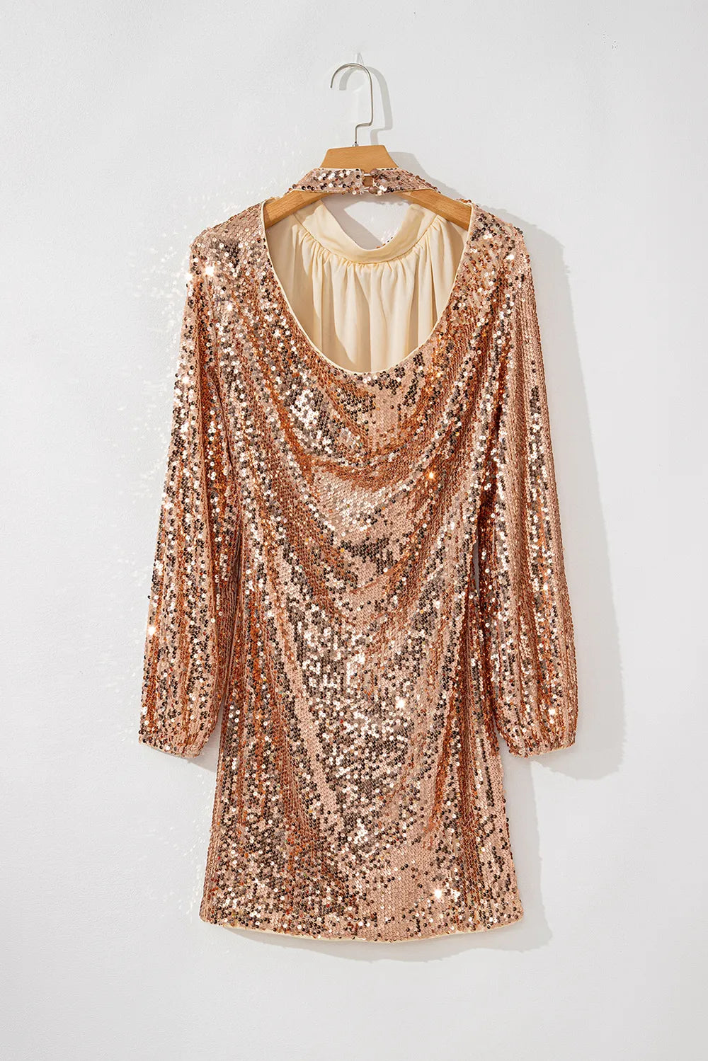  Backless Sequin Mock Neck Long Sleeve Mini Dress Party Look