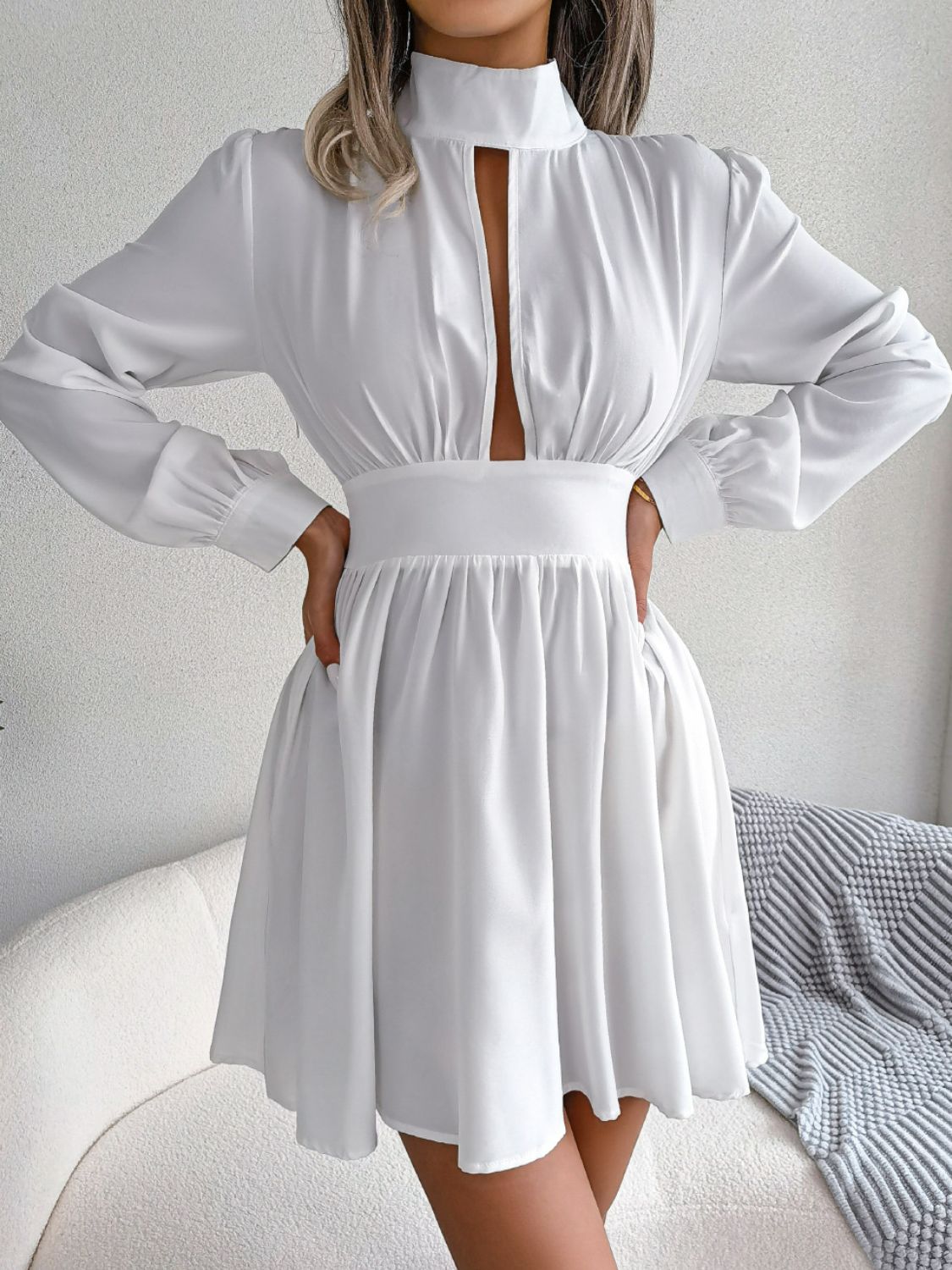  Keyhole A Line Mini Dress Casual Long Sleeve Style