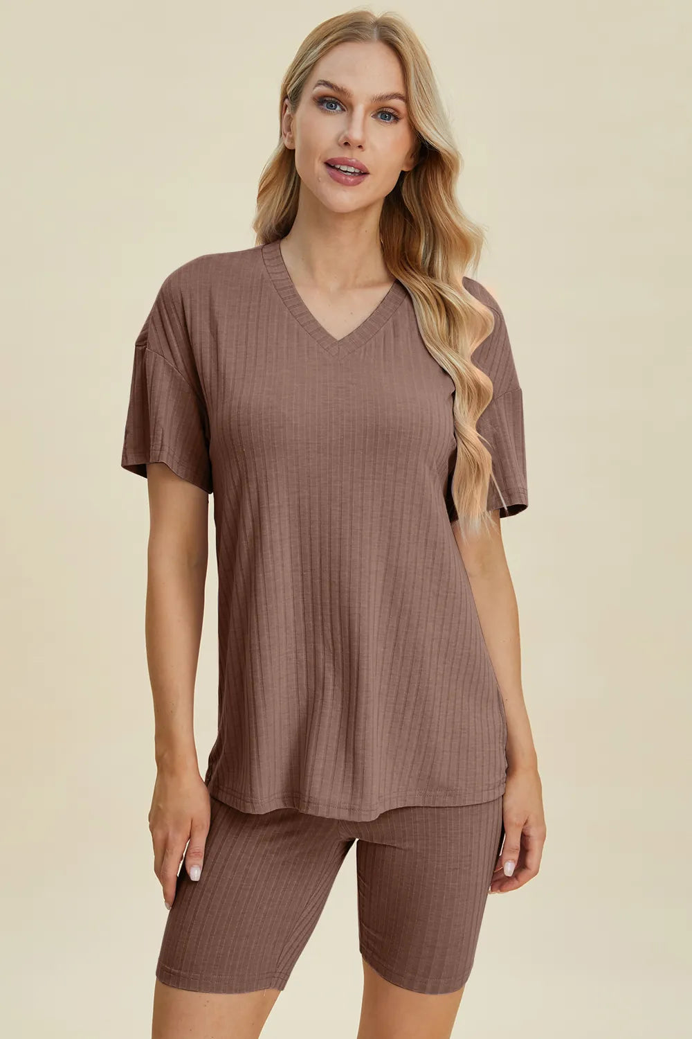 Ribbed V-Neck Short Sleeve Top and Shorts Set for Women