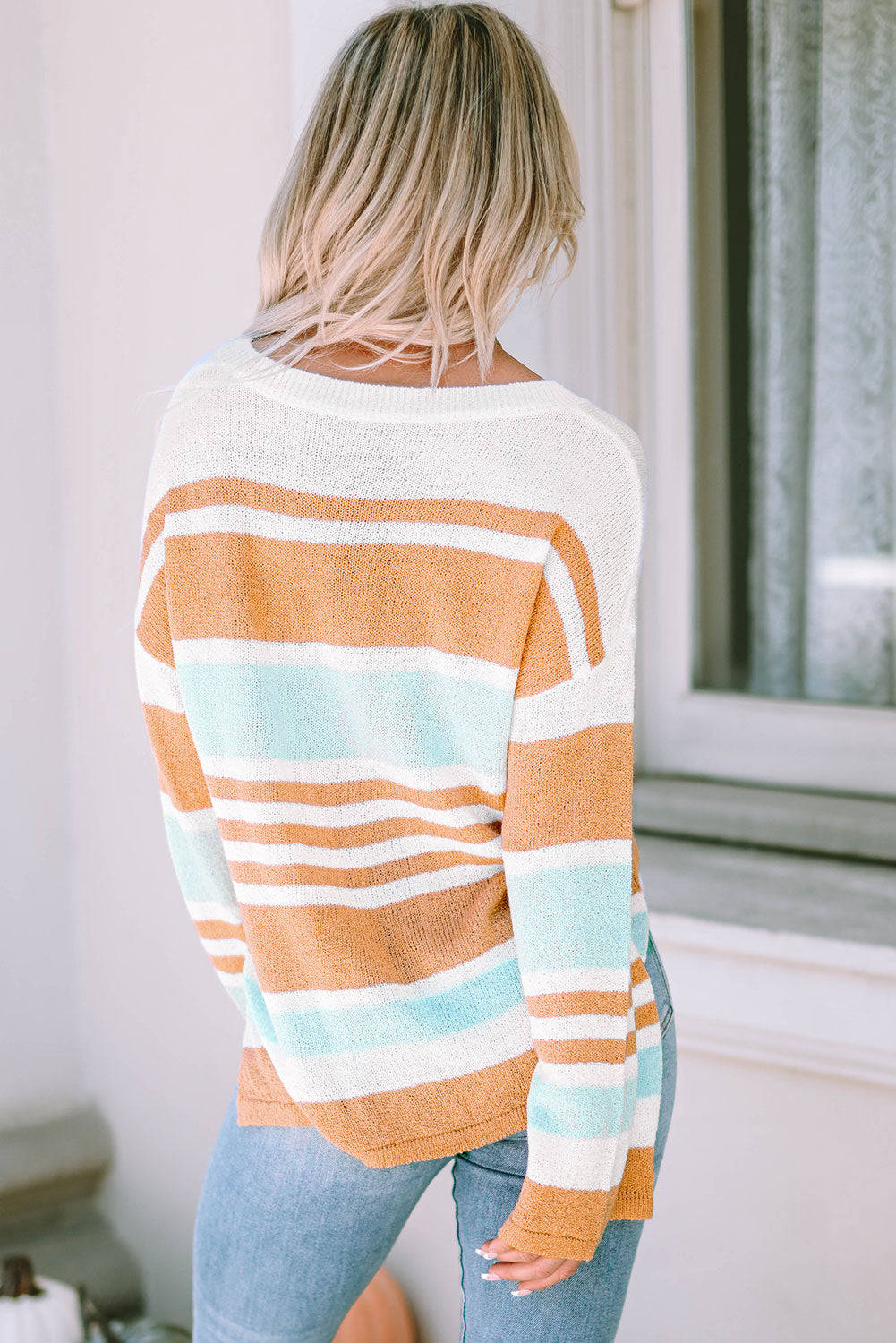 Striped V Neck Sweater With Colorful Side Split Design