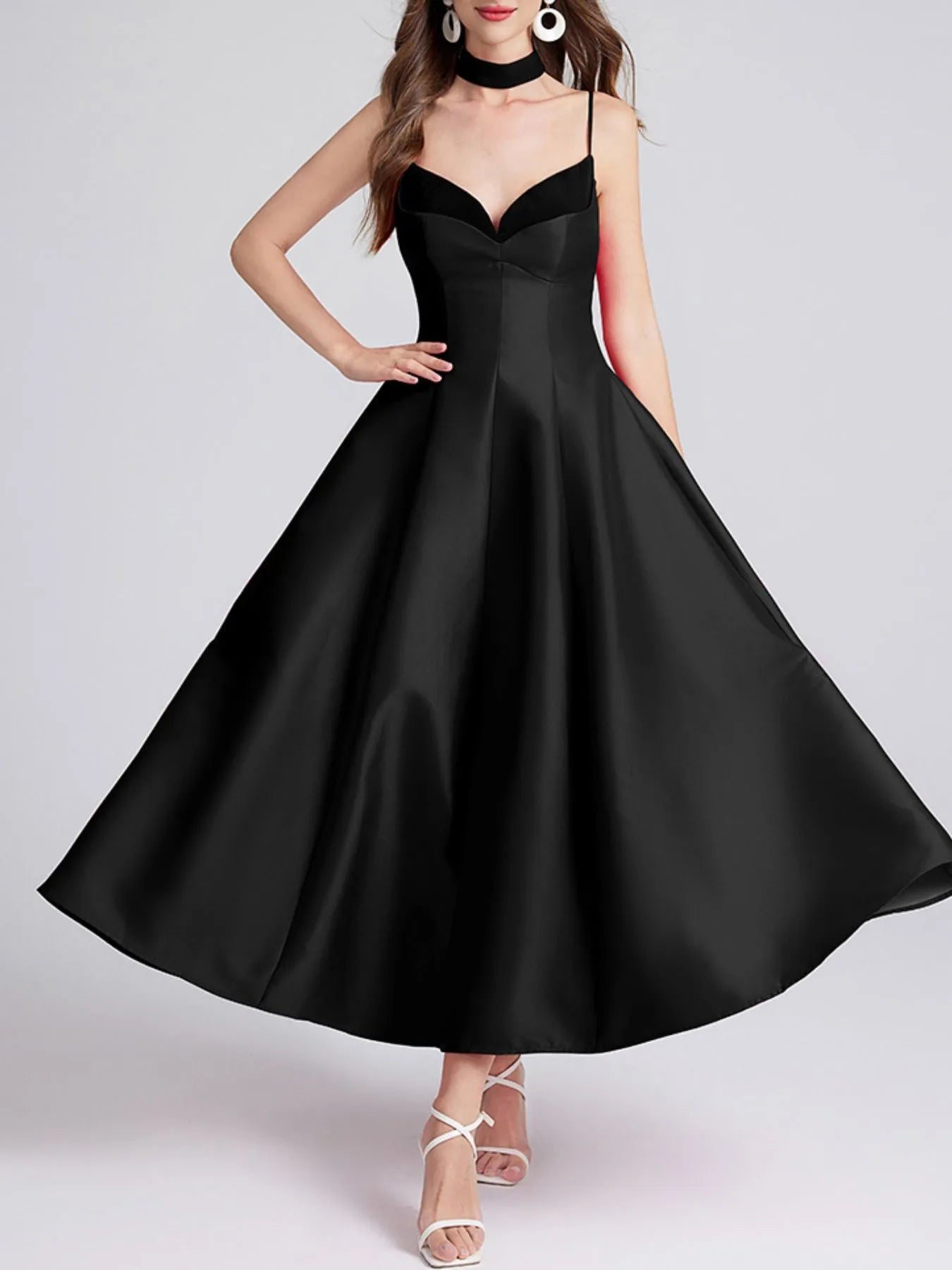 Sweetheart Spaghetti Strap Midi Dress with Collar neckline detail