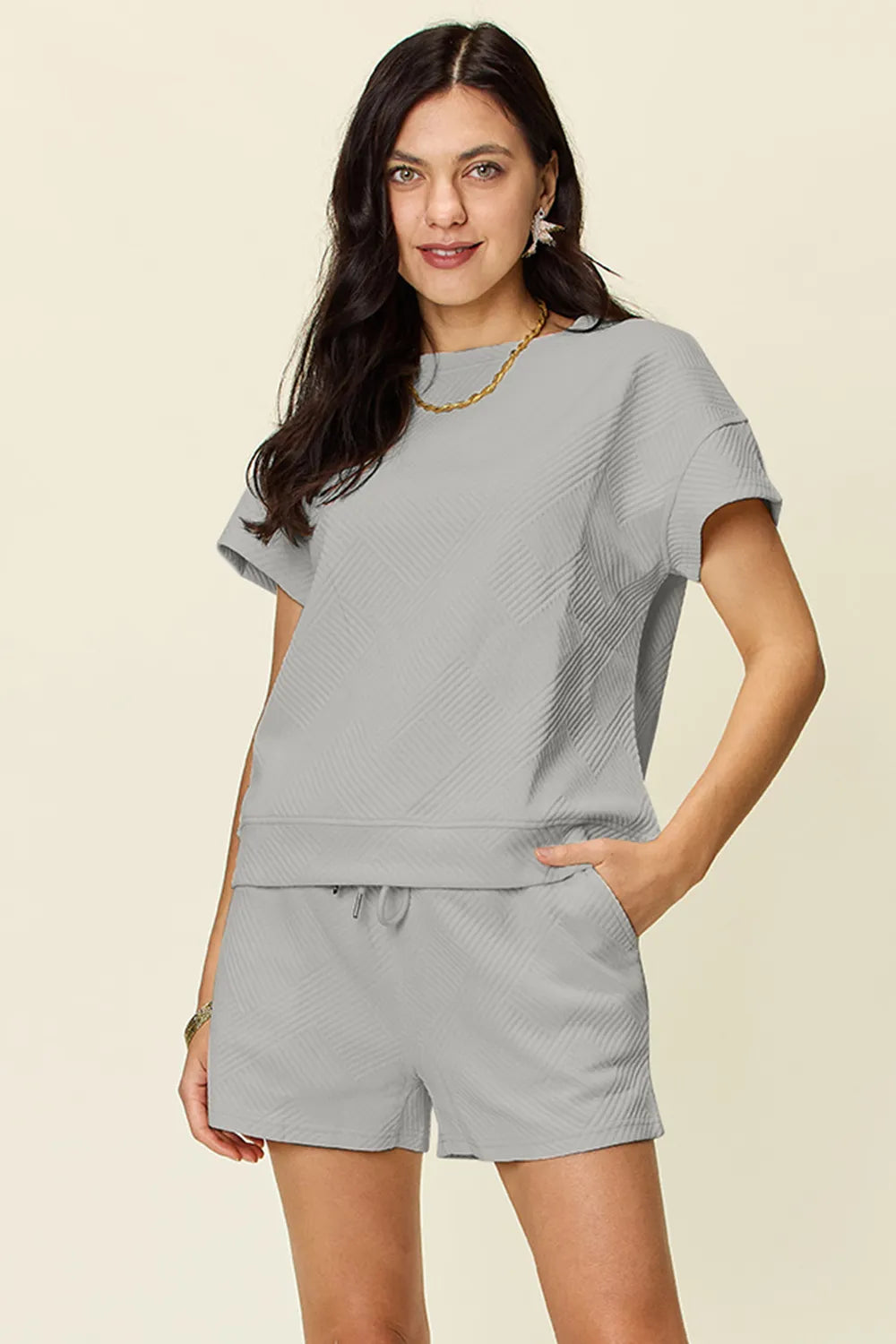Full Size Texture T-Shirt and Shorts Set with Drawstring