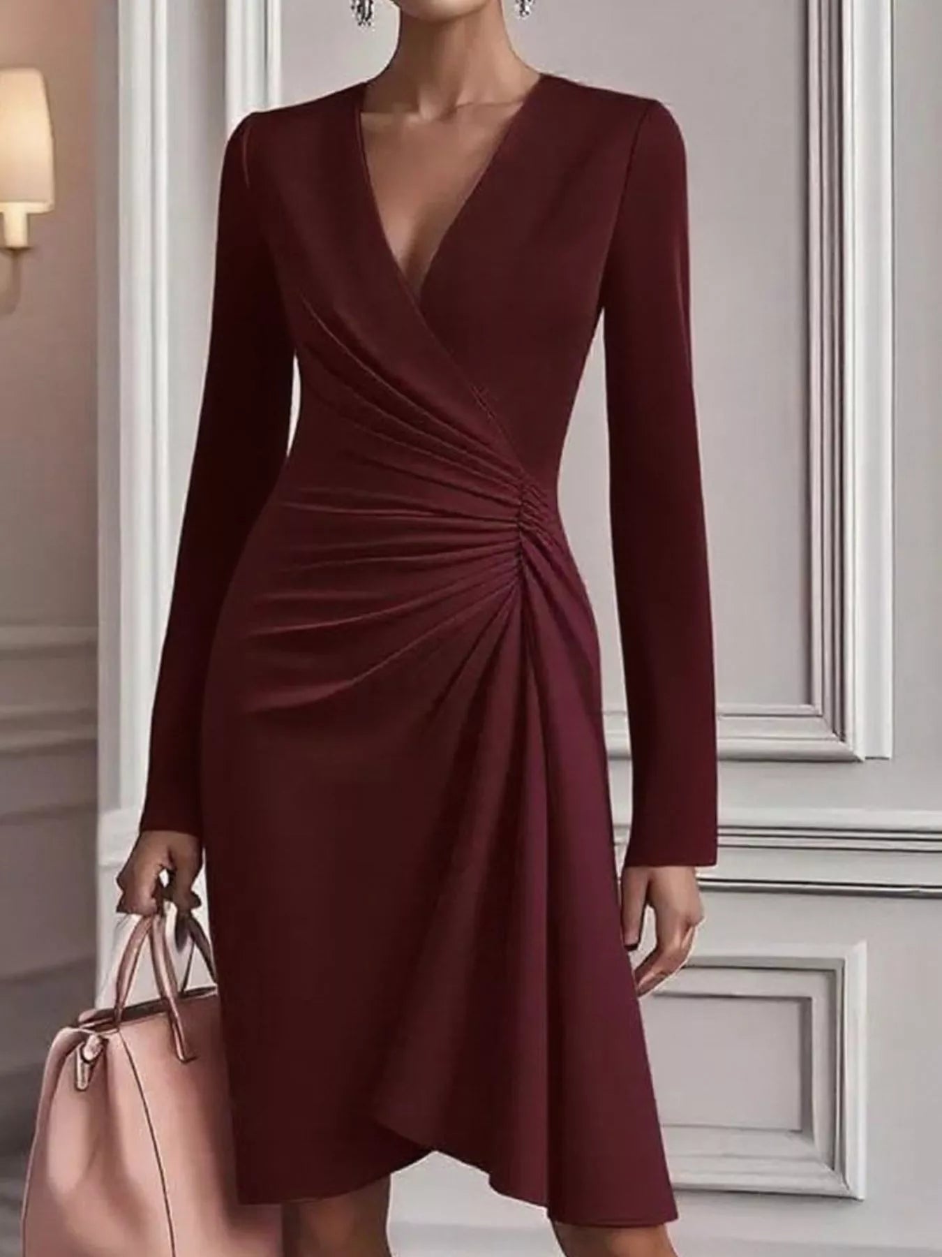 Ruched Surplice Long Sleeve Dress back view
