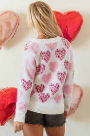 Heart Leopard Pearled Fuzzy Sweater-1