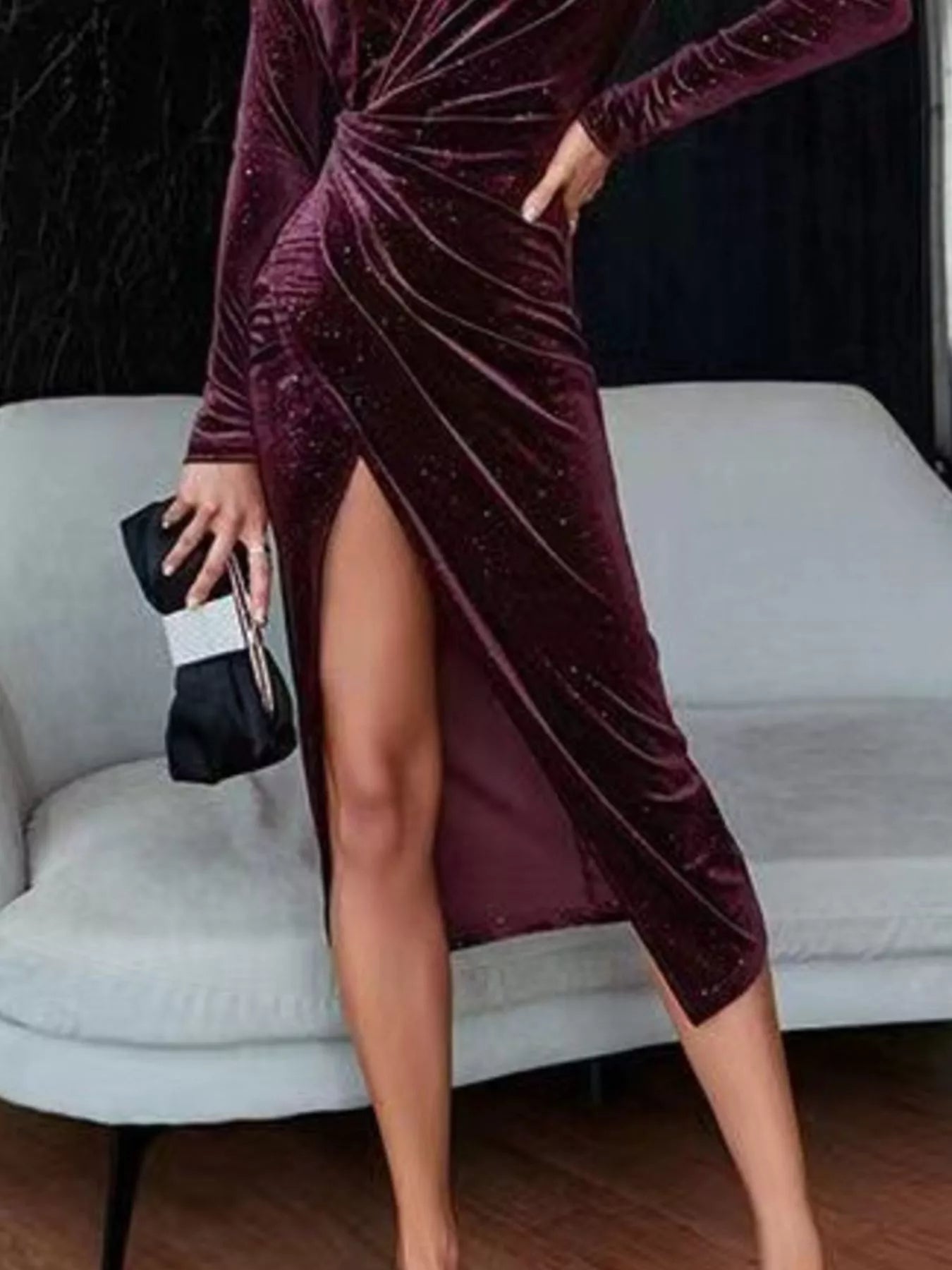 Velvet Ruched Slit Midi Dress front view