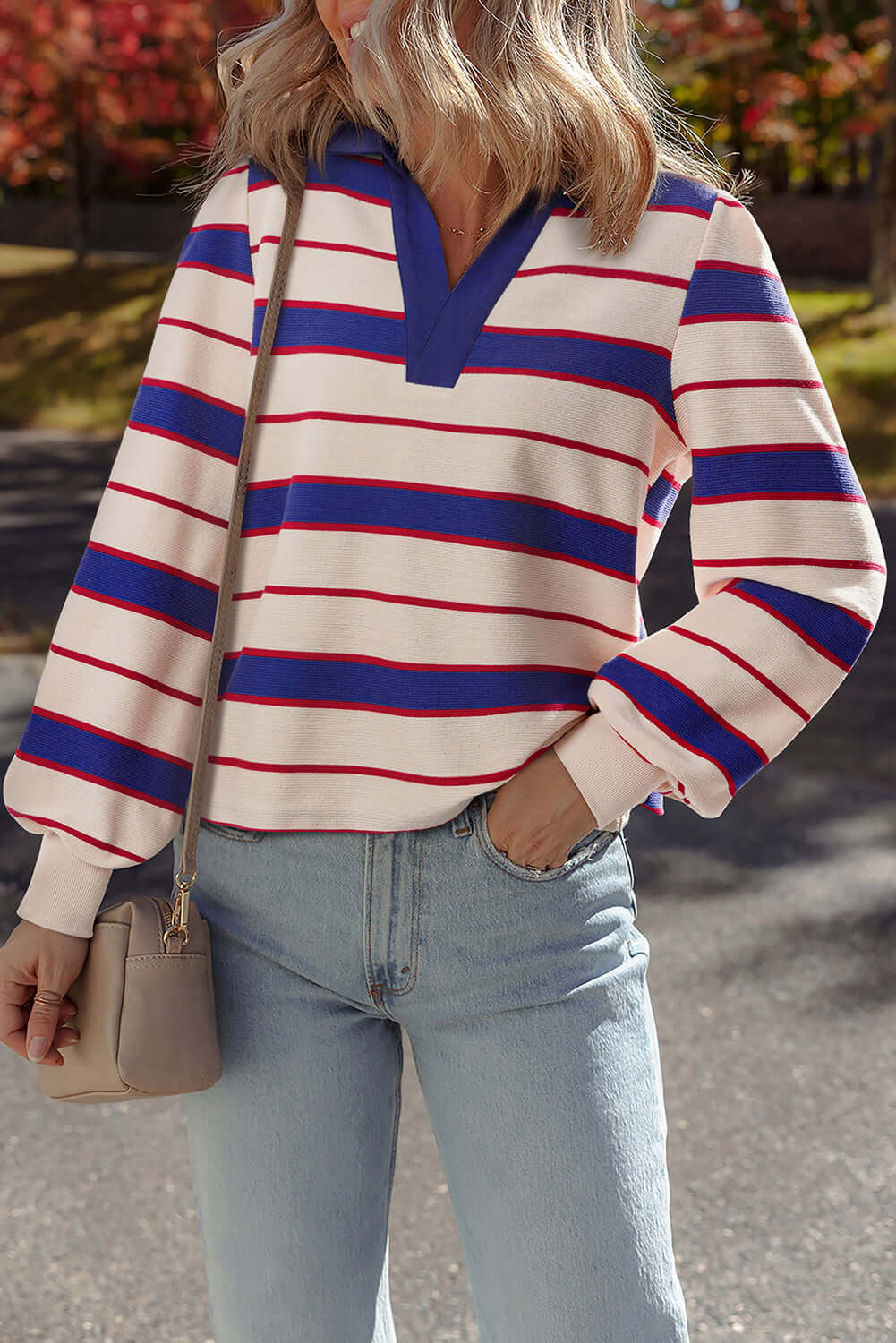 Striped Polo Sweatshirt for Women – Colorful Preppy Pullove