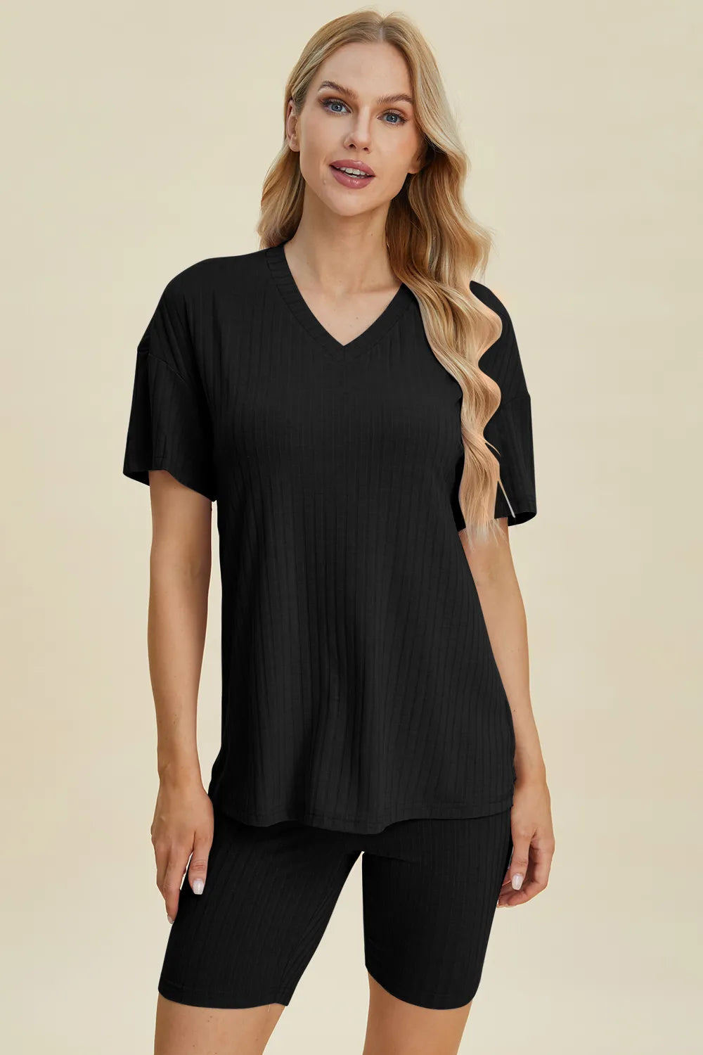 Ribbed V-Neck Short Sleeve Top and Shorts Set for Women