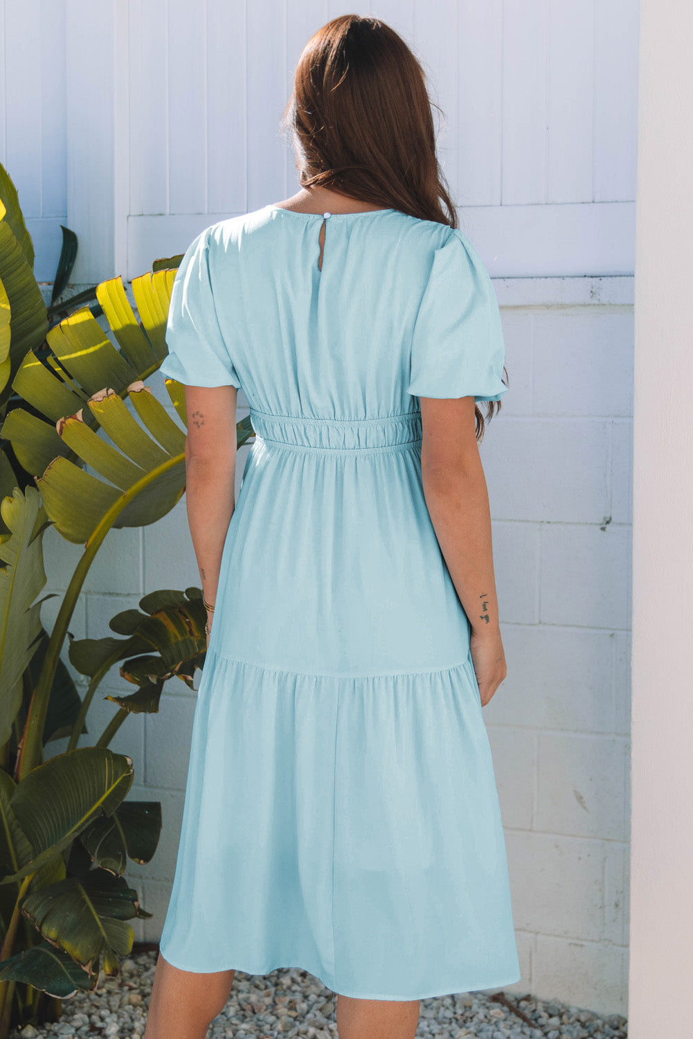 Pleated Puff Sleeve Dress with Textured Waistline