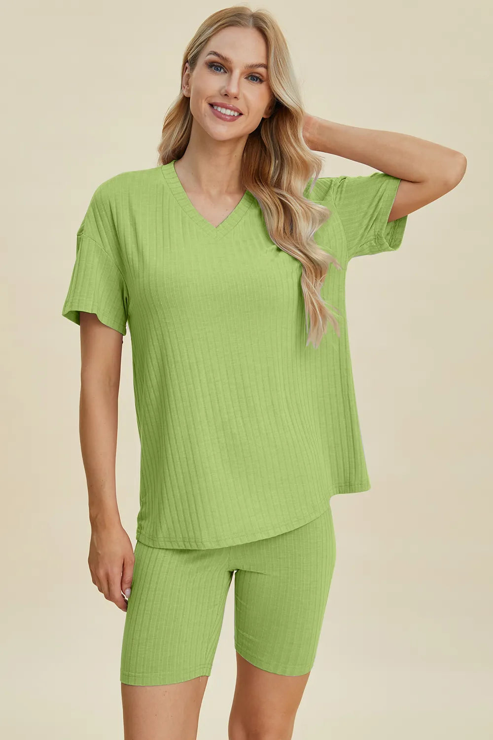 Ribbed V-Neck Short Sleeve Top and Shorts Set for Women
