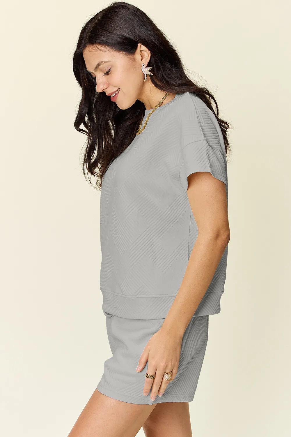 Full Size Texture T-Shirt and Shorts Set with Drawstring