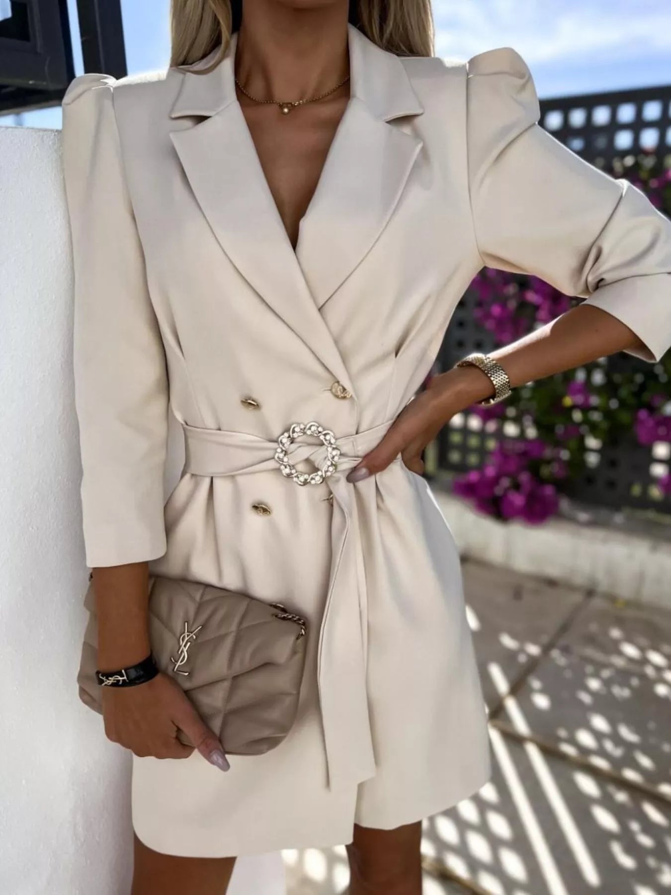  Chic Power Belted Blazer Dress 3 4 Sleeve Mini Style