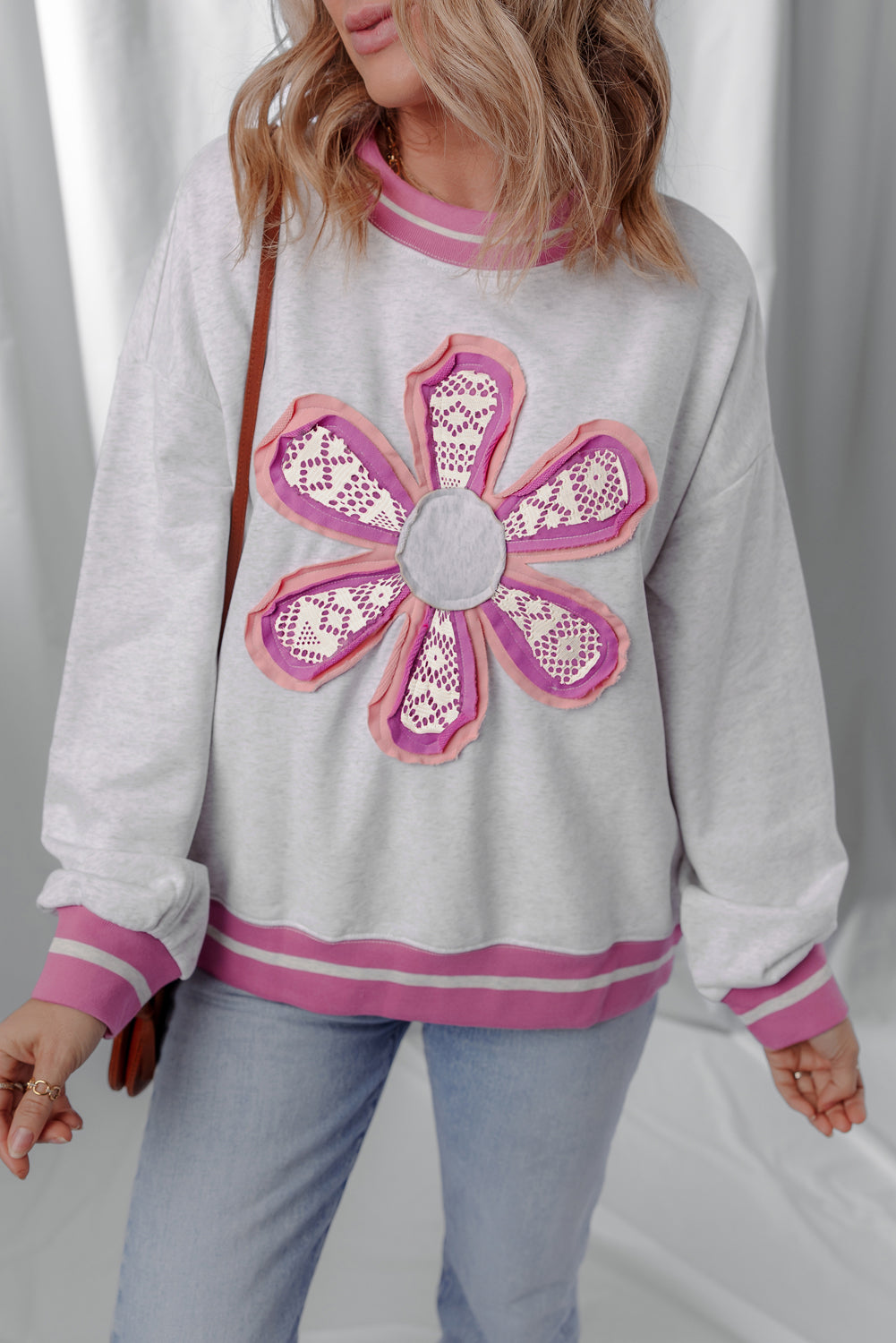 Flower Patch Sweatshirt with Contrasting Trim and Crew Neck