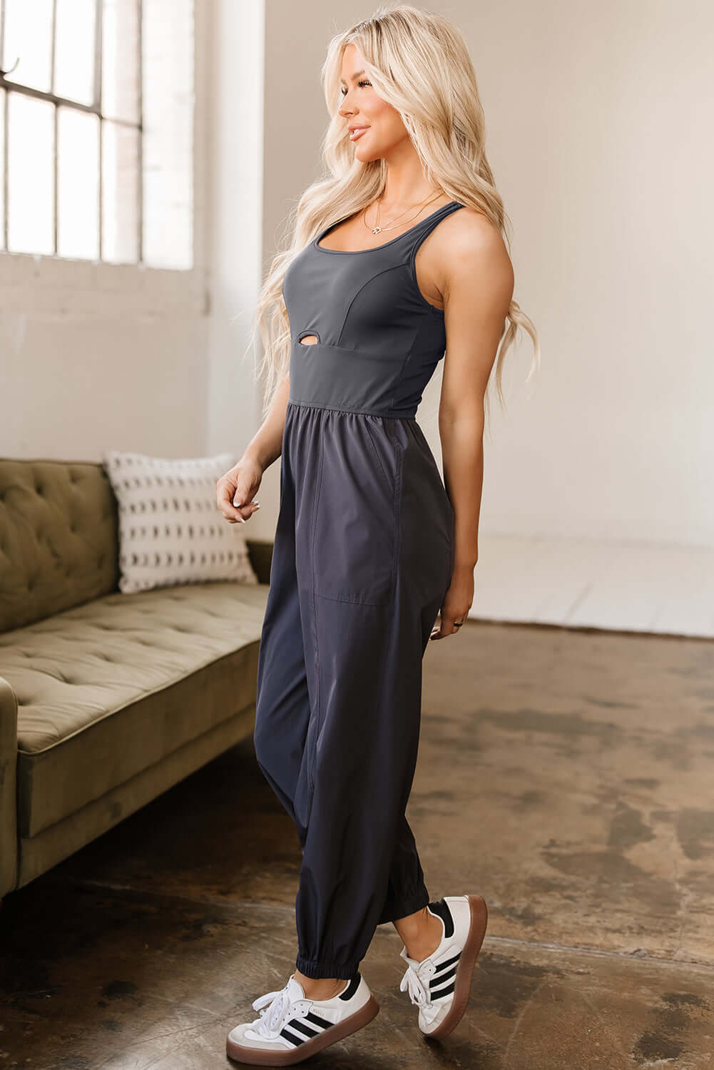 Sleeveless Back Crossed Jumpsuit with Hollow Out Details