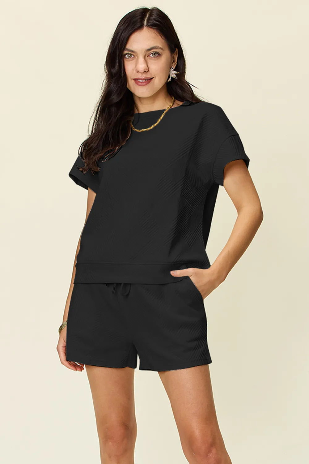 Full Size Texture T-Shirt and Shorts Set with Drawstring