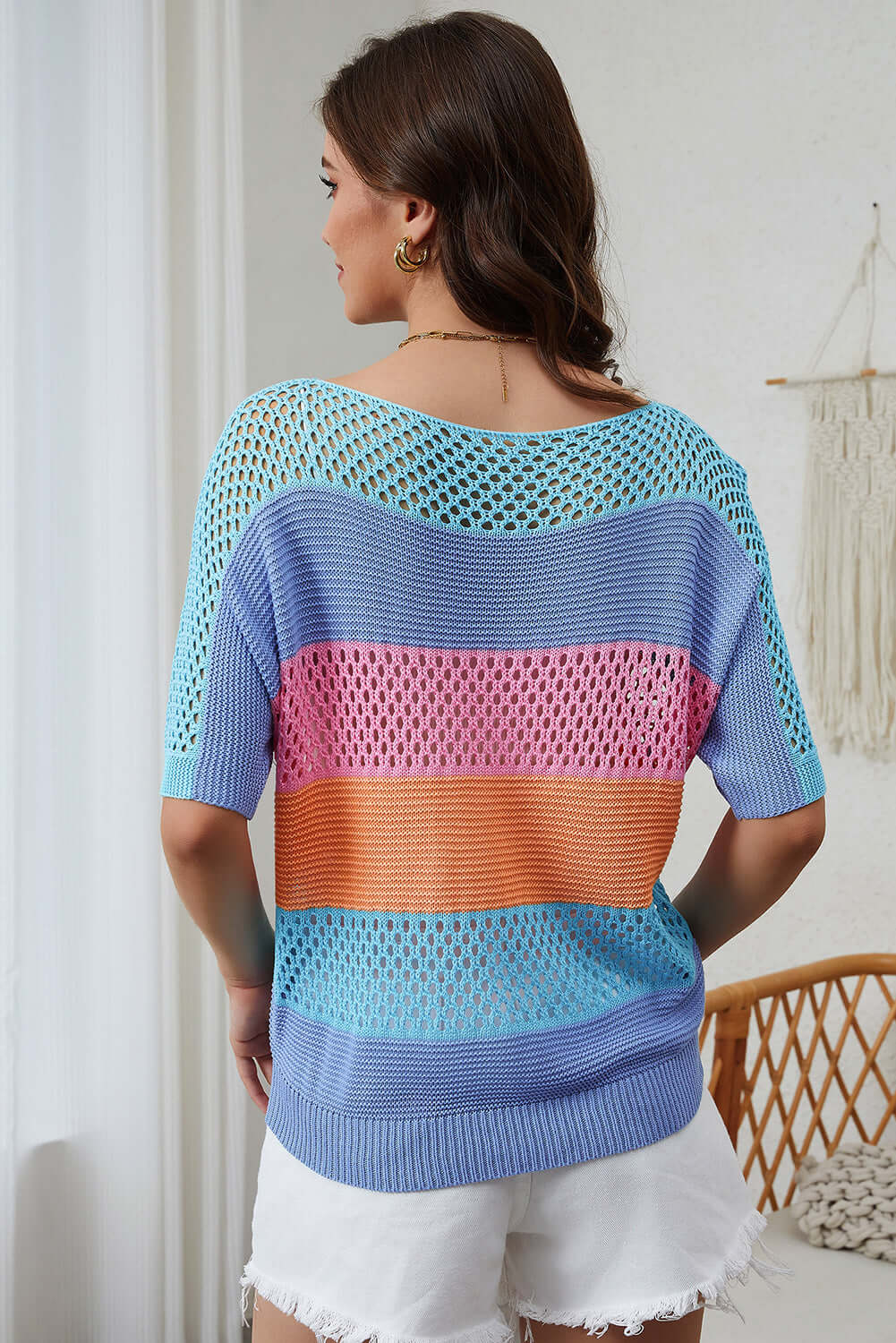 Striped Color Block Knit Top - Soft Half Sleeve Blouse