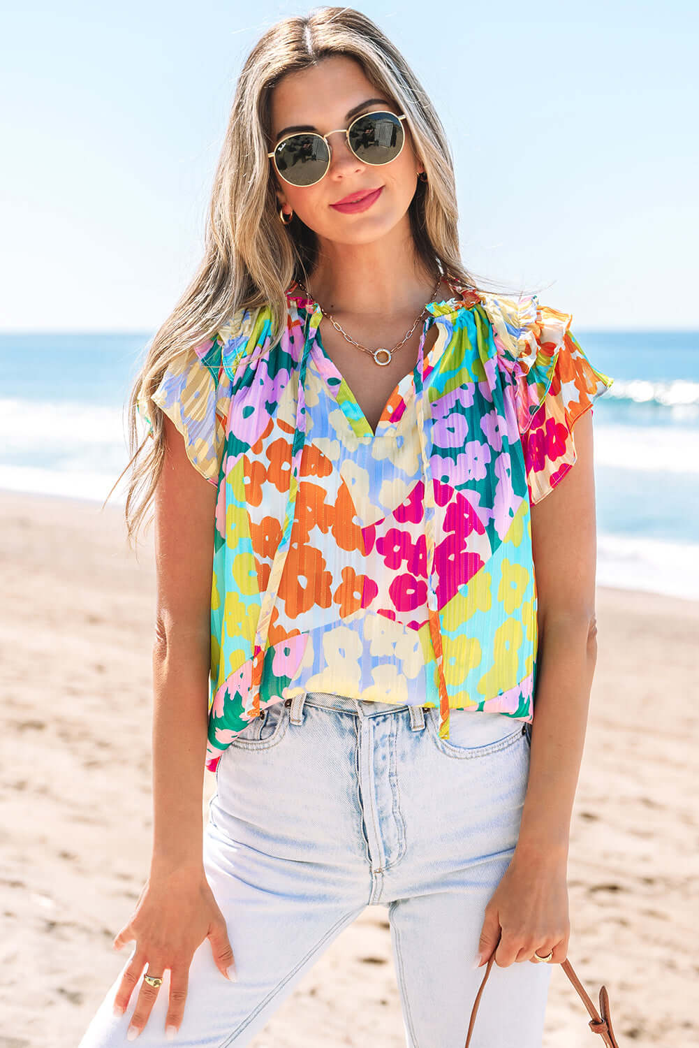 Leopard Patchwork Print Top with Ruffle Sleeves