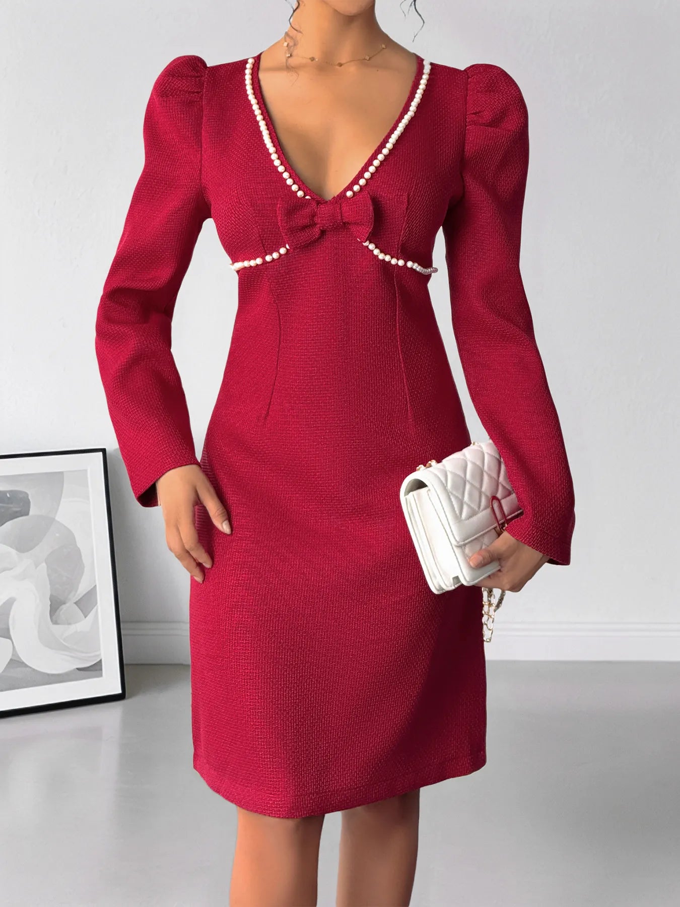  Pearl Trim V Neck Long Sleeve Bodycon Dress Elegant Fit