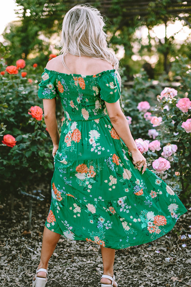 Kailany Floral Bubble Sleeve Smocked Tiered Midi Dress-1