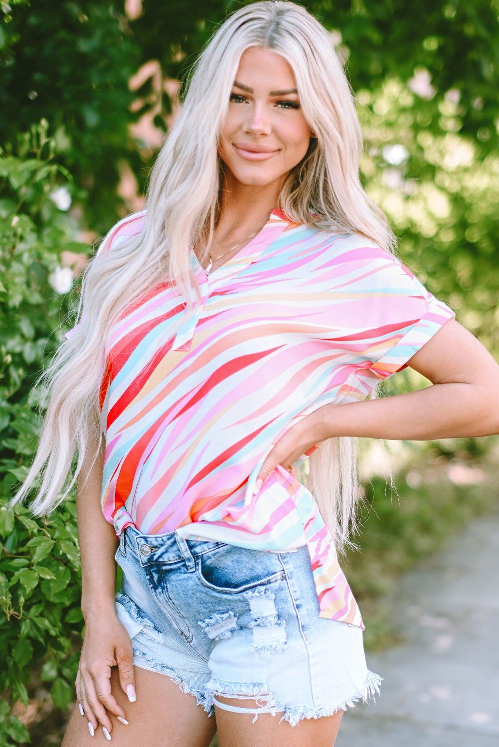 Abstract Print Blouse with High Low Hem and Short Sleeves