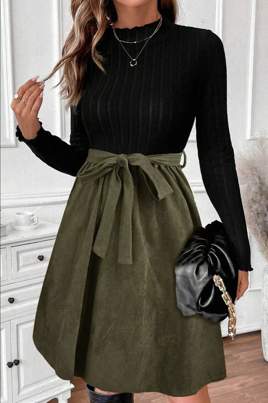  Ribbed Tie Waist A-Line Dress For Effortless Elegance