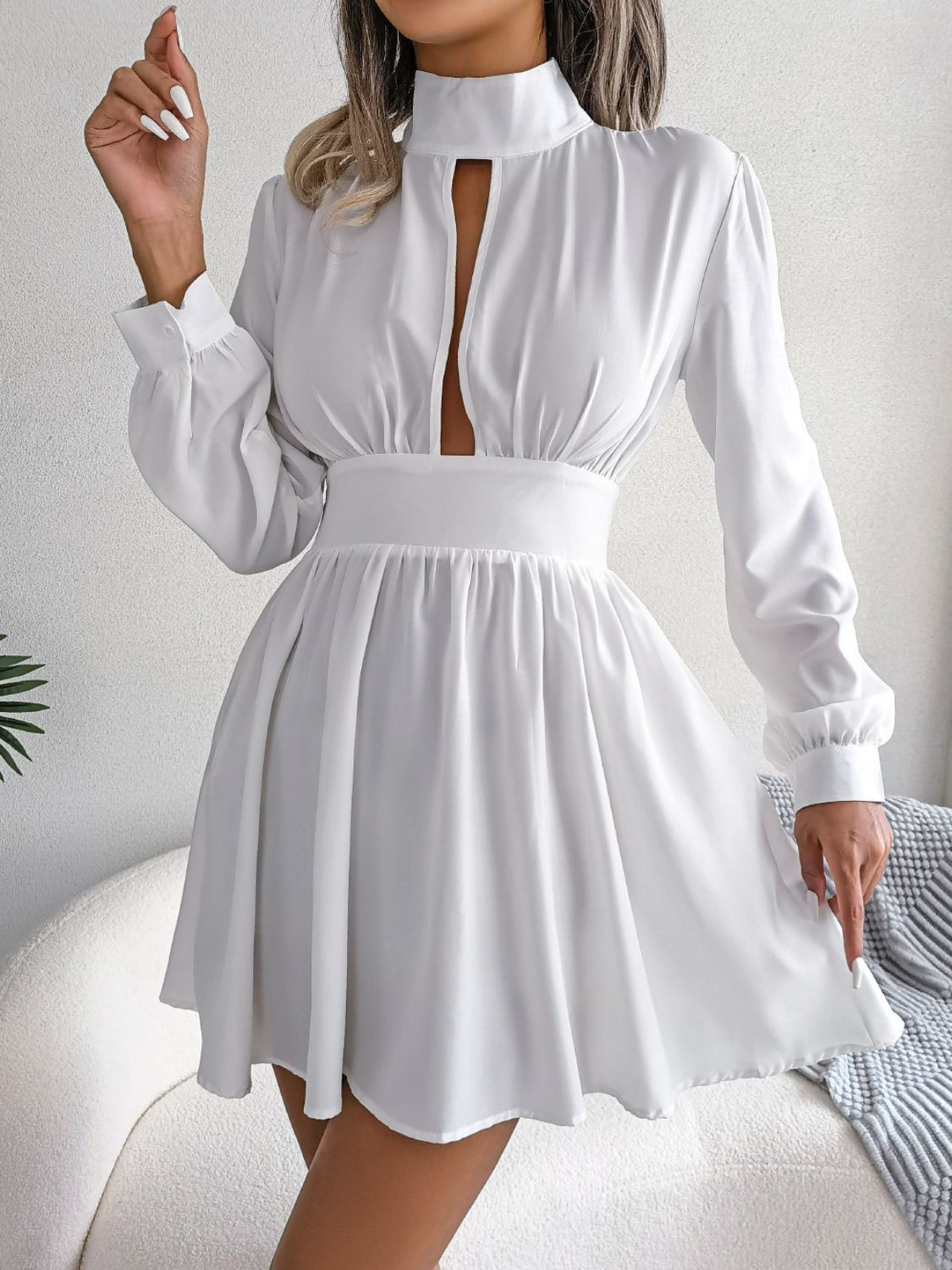  Keyhole A Line Mini Dress Casual Long Sleeve Style