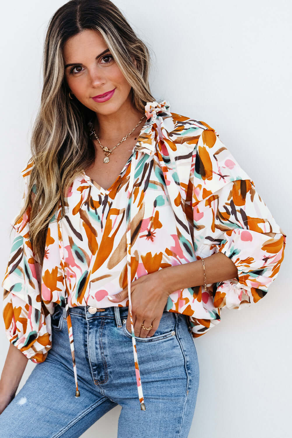 Abstract Print V-Neck Blouse for Women