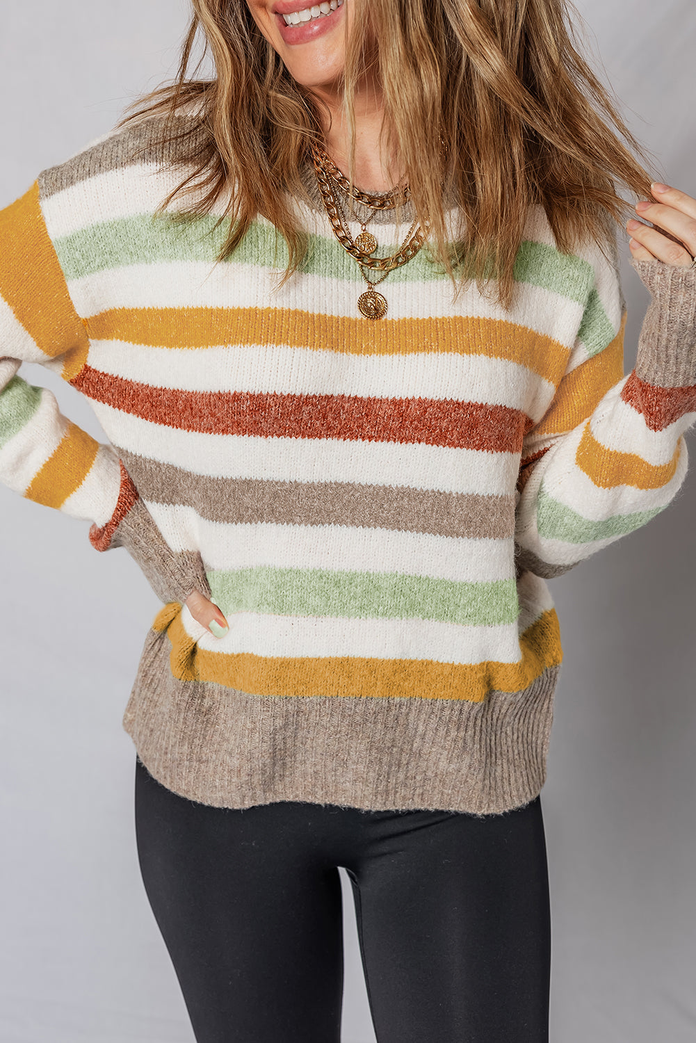 Striped Crewneck Sweater with Drop Shoulder and Ribbed Trim