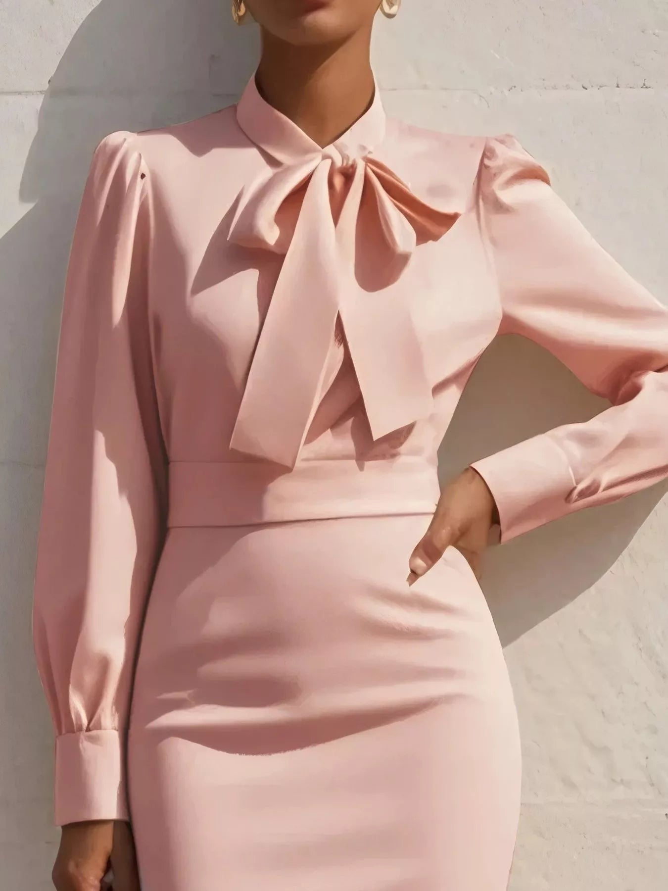 Elegant Bow Tie Neck Long Sleeve Bodycon Dress styling