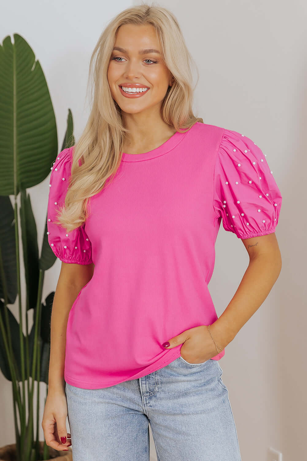 Ribbed Pearl Beaded Puff Sleeve Top with Elegant Texture