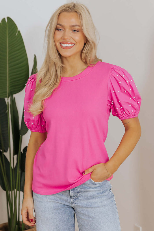 Ribbed Pearl Beaded Puff Sleeve Top with Elegant Texture