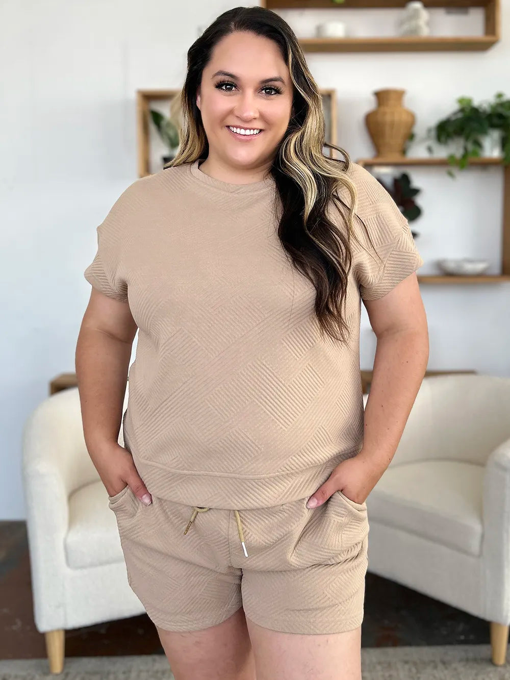 Full Size Texture T-Shirt and Shorts Set with Drawstring