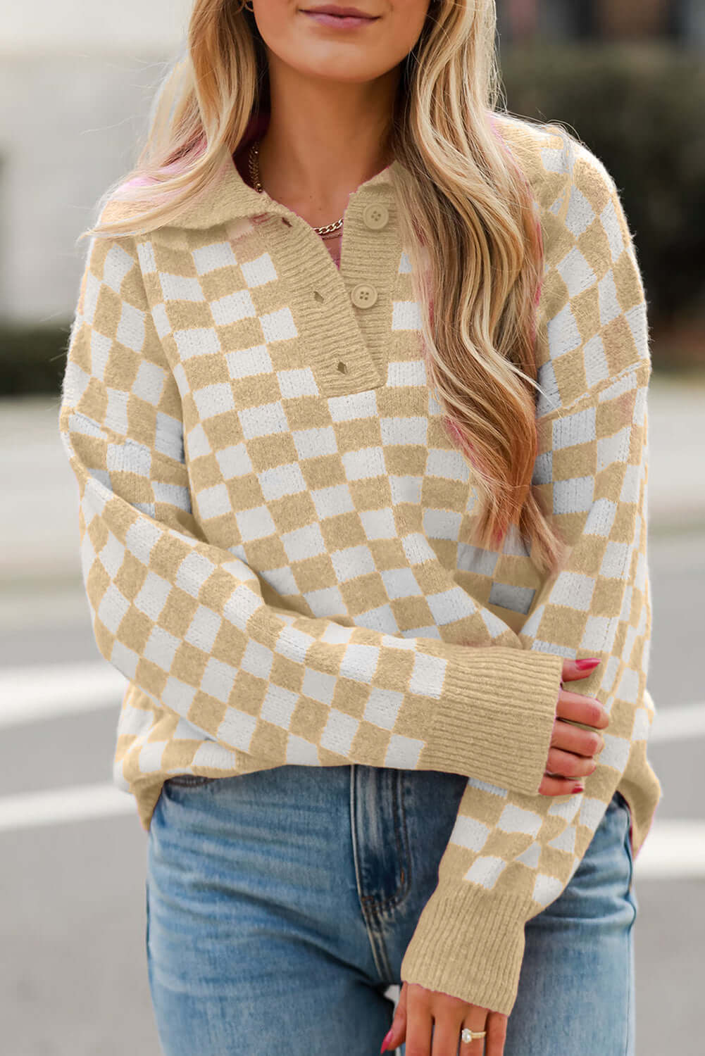 Checkered Sweater - Button Neck Long Sleeve Knit Top